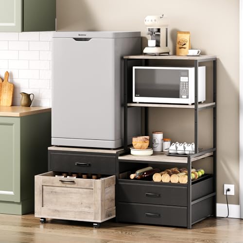 Herture Mini Fridge Stand with Wine Rack, Kitchen Bakers Rack with Power Outlet, Microwave Oven Stand, Coffee Bar, Movable Drawers, for Dorm,Office, Grey HB04BXZ - color: Griege