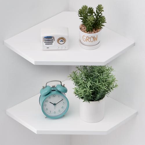 Corner Wall Shelves, Corner Floating Shelves Set of 2 Solid Oak Wood Display Shelf with Wire Hole Small Plant for Kitchen Living Room White,Oak 13.2inch - color: White,oak, size: 13.2inch(2PCS)