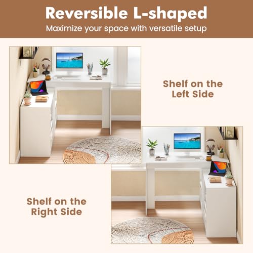 GIANTEX 48" Reversible L-Shaped Computer Desk, Modern Corner Computer Workstation with 2 Doors & 4 Open Storage Cubes, Large Executive Desk for Home Office, White/Black (White)