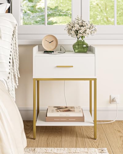Nightstand with Charging Station,3-Tier Bedside Table for Small Space,Modern Night Stand with Storage Drawer and Shelf,Small Side Table for Bedroom,Living Room,White - color: White With Charging Station
