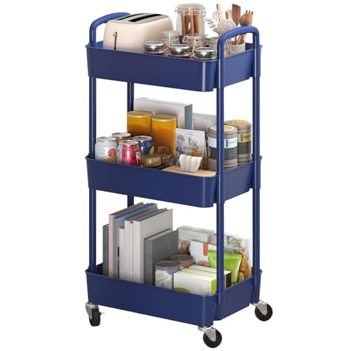 Sywhitta 3-Tier Plastic Rolling Utility Cart with Wheels for Storage,Blue | Multi-Functional Storage Trolley, for Office, Living Room, Kitchen, Bathroom,Movable Organizer,Space-Saving,Easy to assemble - color: Blue, size: 3-tier