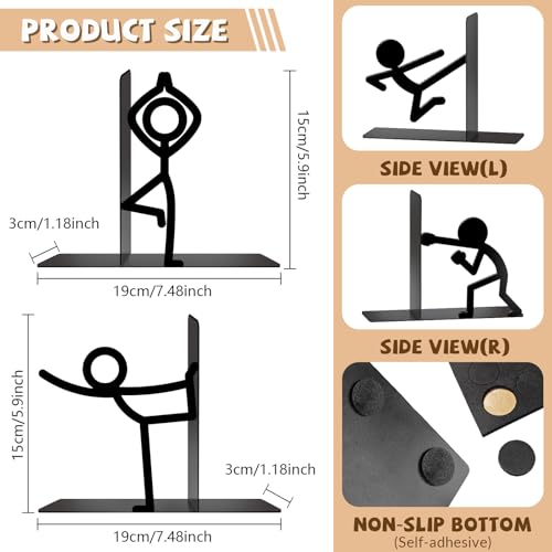 Metal Bookends Yoga People Book Ends for Shelves | Figurine Bookends Decorative Unique Desk Bookend Black Book Stopper for Home Reading Bookshelf Decor Book Lovers Gift - style: Yoga People