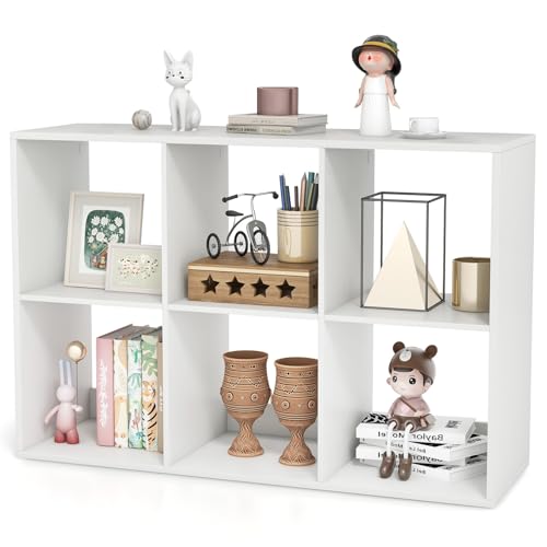 6 Cube Book Shelf, Modern Storage Bookcase with 6 Open Compartments, Open Back and Bottom Back Panels, Heavy Duty Storage Bookshelf for Living Room, Study, Office and Hallway, White