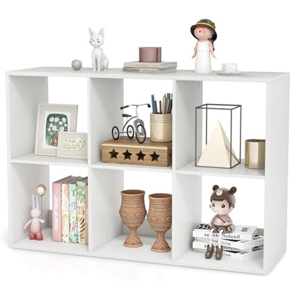 6 Cube Book Shelf, Modern Storage Bookcase with 6 Open Compartments, Open Back and Bottom Back Panels, Heavy Duty Storage Bookshelf for Living Room, Study, Office and Hallway, White