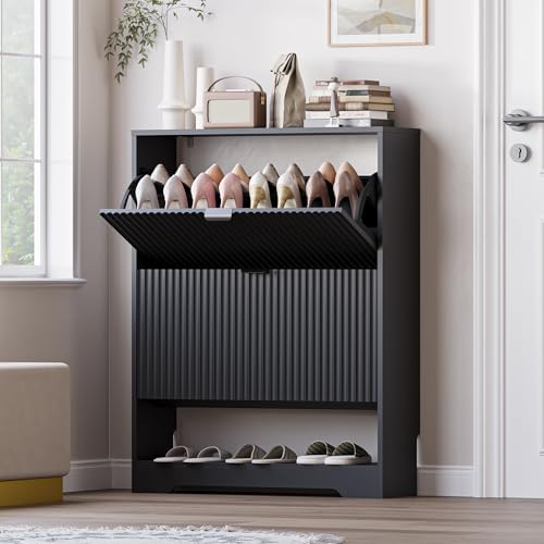 BORNOON Shoe Cabinet with 2 Flip Drawers, Fluted Shoe Storage Cabinet with Adjustable Shelves, Freestanding Rack and Organizer for Entryway, Closet, Hallway - color: Black, size: 2-Drawer