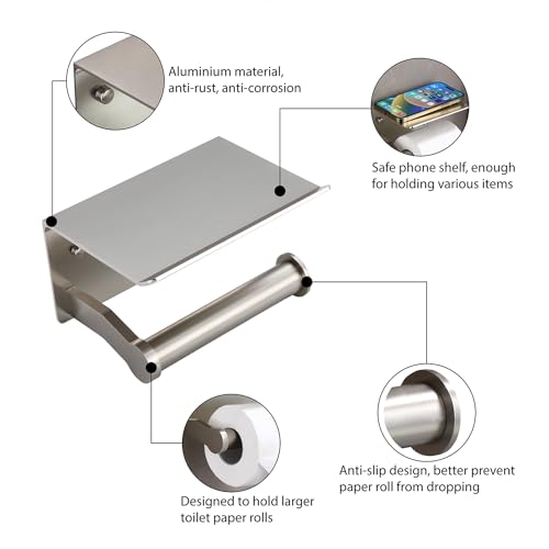 Homely Trove Toilet Paper Holder with Shelf - Self Adhesive Tissue Towel Dispenser or Wall Mounted Toilet Paper Roll Holder - Rustproof Bathroom Phone Holder Tissue Holder Brushed Nickel - color: Silver