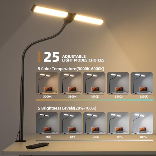 Motumen Led Desk Lamp for Home Office, Eye-Care Desk Light Clamp, Black | Smart Double Head Computer Monitor Table Clip Lamp, Adjustable Flexible Goose-Neck, 25 Lighting Models, Task Lamp - color: Black
