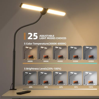 Motumen Led Desk Lamp for Home Office, Eye-Care Desk Light Clamp, Black | Smart Double Head Computer Monitor Table Clip Lamp, Adjustable Flexible Goose-Neck, 25 Lighting Models, Task Lamp - color: Black