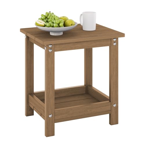 LUE BONA Small Outdoor Side Table, 2-Tier HDPE with Rail, Walnut Brown | Outdoor End Table with Rail for Patio, Deck, Poolside, Weather Resistant HDPE, Low Maintenance, Easy to Clean - color: Walnut Brown