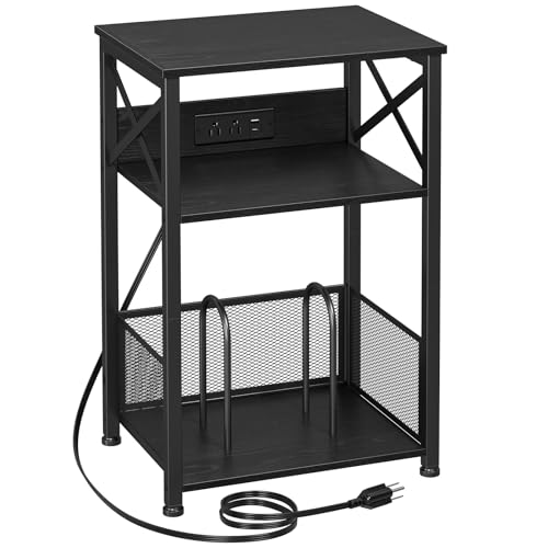 AMHANCIBLE Record Player Stand with Charging Station, Vinyl Record Storage | Turntable Stand with Type-C, Vinyl Record Player Table Holds 100 Albums, 3 Tier End Table Living Room, Black - color: Black, size: W 15.75" x D 11.41"