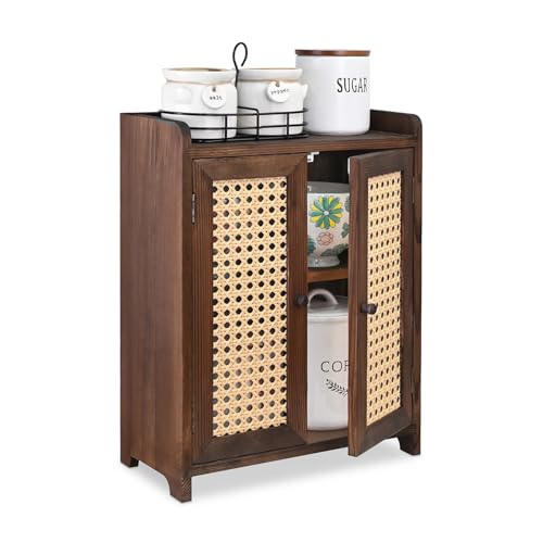 Ikee Design Wood Storage Cabinet with Rattan Doors, with Removable Shelves | COUNTERTOP ORGANIZER: Wooden cabinet with magnetic rattan doors and removable shelves for coffee, cups and pantry items. - color: Dark Brown, 2 Door