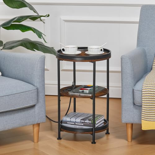 Dulcii Round Side Table with Charging Station, End Table with 3 Shelves for Living Room, Bedroom Nightstand for Small Spaces, Industrial Round Sofa Table with Steel Frame (USB+Rustic Brown) - color: Rustic Brown, style: With Outlets