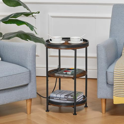 Dulcii Round Side Table with Charging Station, End Table with 3 Shelves for Living Room, Bedroom Nightstand for Small Spaces, Industrial Round Sofa Table with Steel Frame (USB+Rustic Brown) - color: Rustic Brown, style: With Outlets