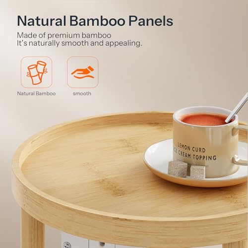 HOOBRO Set of 2 Small Round Side Tables with Charging Station, 2-Tier Round Bamboo End Tables, Easy Assembly, for Living Room, Bedroom, Apartment, Natural YL156UBZP201 - color: Natural