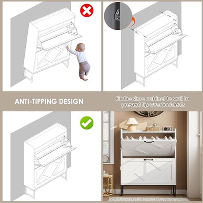 Nicetree Shoe Storage Cabinet with 2 Flip Drawers, Freestanding Shoe Organizer, Shoe Cabinet with Metal Legs, Narrow Shoe Rack Cabinet, Farmhouse Slim Shoe Cabinet for Entryway, Foyer, Hallway, White - color: White