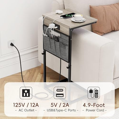 Vagusicc C-Shaped End Table with Charging Station, Small Side Table for Couch, 33" Tall C Table Adjustable Height Side Table, Couch Tables that Slide Under, Sofa Table TV Tray for Living Room,Gray - color: 1pc Greige
