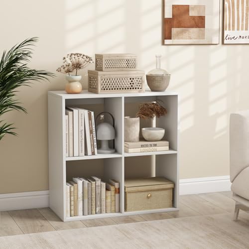 4 Cube Storage Organizer, 2 Tier Floor Standing Bookcase, Small Bookshelf for Small Spaces, Wooden Open Display Shelf for Living Room, Bedroom, Study, White Bookshelf with Open Back - size: 4 Cubes