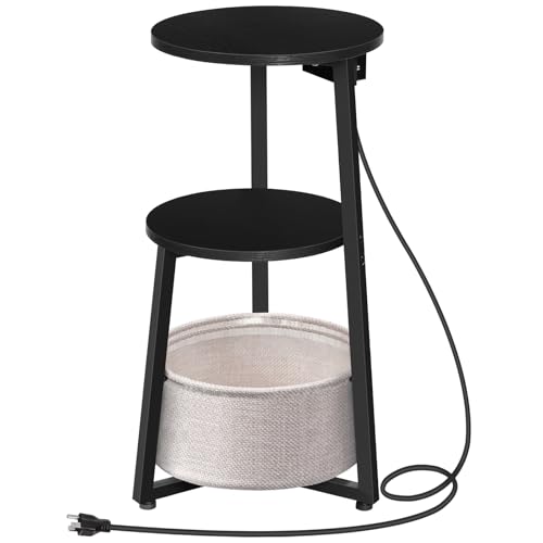 HOOBRO Small Round Side Table with Charging Station, Round End Table with Cotton Linen Storage Basket, Compact Sofa Side Table Nightstand for Small Space, Corner, Living Room, Black BB169UBZ01 - color: Black