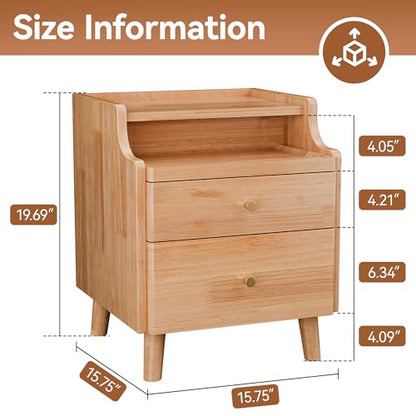 Nightstand Set of 2, Pre-Assembled, 19.7“H Solid Wood Night Stand with 2 Drawers, Open Sliding Shelf, Mid Century Modern Small Bedside Table for Bedroom, Natural Oak 16" - color: Oak-2pack, size: 16"