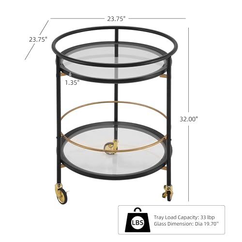 GDFStudio Modern Round Bar Cart with Dual Tempered Glass Shelves, Lockable Wheels and Gold Metal Accents, Rolling Beverage Serving Cart for Living Room, Kitchen or Dining Space,Black and Gold Finish - color: Black,gold