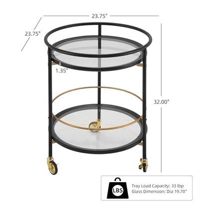 GDFStudio Modern Round Bar Cart with Dual Tempered Glass Shelves, Lockable Wheels and Gold Metal Accents, Rolling Beverage Serving Cart for Living Room, Kitchen or Dining Space,Black and Gold Finish - color: Black,gold