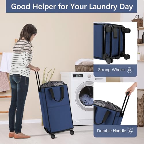 Bukere Rolling Laundry Hamper with Wheels, Large 90L Freestanding Collapsible Laundry Basket Bag for Clothes Storage, Heavy Duty Removable Wheeled Cart for College Dorm Apartment Laundry Room Bathroom