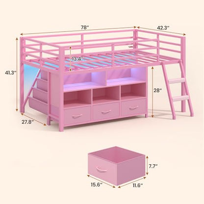 BTHFST Low Loft Bed Twin Size with 3 Storage Drawers, 3-Tier Kids Bookshelf, 5 Open Cubbies and 2 LED Lights Strips, Metal Kids Loft Bed with High Safety Guardrail, Inclined Ladder and Play Area - color: Pink