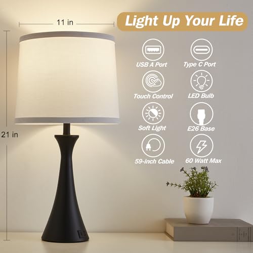 Touch Lamp for Living Room Bedroom, 21" Table Lamps Set of 2 with USB C+A Ports and White Lamp Shades, Touch Bedside Lamps for Nightstand with 3 Way Dimmable, 2 LED Bulbs Included - color: Black & White Shade