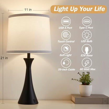 Touch Lamp for Living Room Bedroom, 21" Table Lamps Set of 2 with USB C+A Ports and White Lamp Shades, Touch Bedside Lamps for Nightstand with 3 Way Dimmable, 2 LED Bulbs Included - color: Black & White Shade