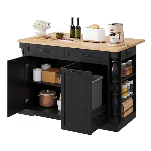 Island for Kitchen, 47.6"x20" Farmhouse Rolling Kitchen Island with Drop Leaf & Spice Rack, Coffee Cart Breakfast Bar Table Storage & Trash Bin Islands Table with Power Outlet for Dining Room - color: Black