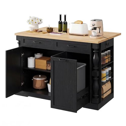 Island for Kitchen, 47.6"x20" Farmhouse Rolling Kitchen Island with Drop Leaf & Spice Rack, Coffee Cart Breakfast Bar Table Storage & Trash Bin Islands Table with Power Outlet for Dining Room - color: Black