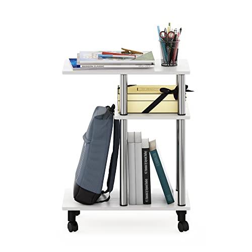 Furinno Turn-N-Tube Side Table, 3-Tier C-Shape End Table with Wheels, Toolless Assembly Night Stand, Bedside Table with Open Shelf, for Living Room, Bedroom, White Oak/Stainless Steel - color: White Oak/Stainless Steel
