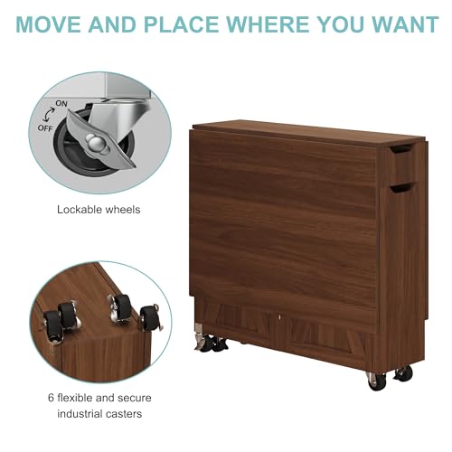 3imothrix Folding Dining Table, Dinner Table with Drawer and Storage and Shelves, Space Saving Dining Table with 6 Wheels, Kitchen Table for Small Spaces (Walnut) - color: Walnut