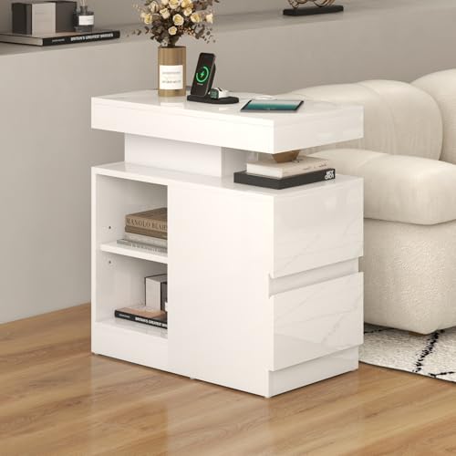 OC Orange-Casual LED End Table with Power Outlet, High Glossy Sofa Side Table, Small Nightstand with Drawer and Storage Cabinet, Narrow Side Table with Charging Station for Living Room (1,White) - color: White