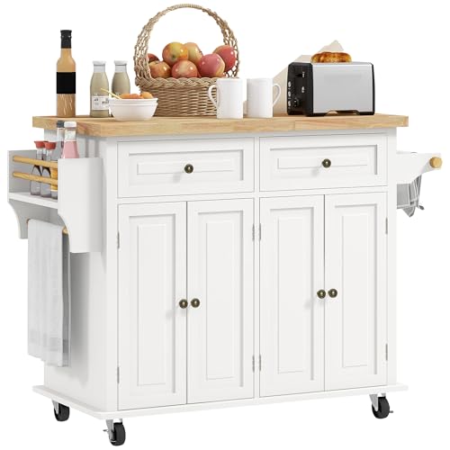HOMCOM Kitchen Island Cart Solid Wood Top 44" Mobile 2 Drawers Cream White | Kitchen Island Table, on Wheels, Storage Cabinets, 2 Drawers, Adjustable Shelves, Spice Rack & Towel Bar, for Dining Room - color: Cream White