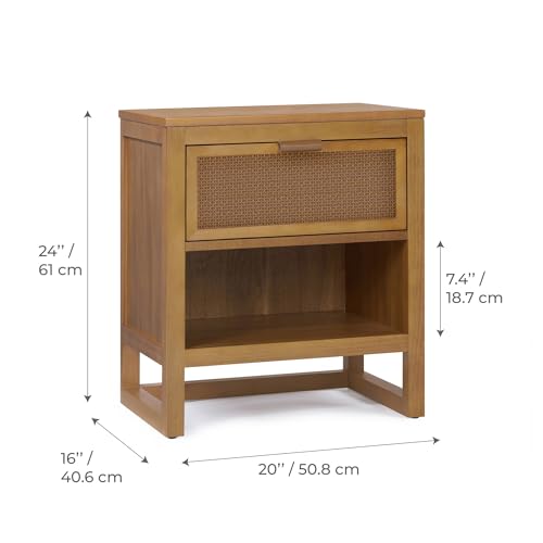 Teamson Home Hatteras 20" W Nightstand with 1 Deep Drawer and Open Shelf Storage in Coastal Modern Style, Ball Bearing Glides, Pine Wood Frames and MDF with Rattan, Natural Finish | 1 Deep Drawer, Open Shelf Storage, Coastal Modern Style, Pine Wood & MDF