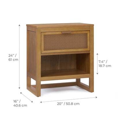 Teamson Home Hatteras 20" W Nightstand with 1 Deep Drawer and Open Shelf Storage in Coastal Modern Style, Ball Bearing Glides, Pine Wood Frames and MDF with Rattan, Natural Finish | 1 Deep Drawer, Open Shelf Storage, Coastal Modern Style, Pine Wood & MDF