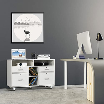 VINGLI Wood Mobile File Cabinet with 4 Drawers and Shelves, Printer Stand with Open Storage, Lockable Lateral Filing Cabinet for Home Office, Assembly Required, Light Beige Close to White - color: White