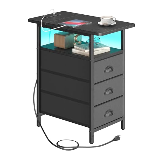 sthmec End Table with Charging Station,LED Side Tables with USB Ports and Outlets,Narrow Nightstands Bedside Tables with 3 Drawers PU Finish for Small Space,Slim Sofa Table for Livingroom,Black - color: Black, size: 11.75'' W*21'' D* 24.3'' H, style: Powe