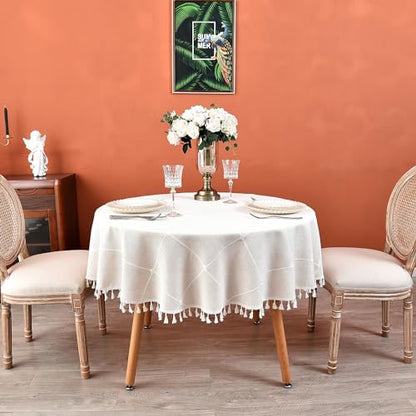 Plaid Round Tablecloth 60 Inch Cotton Linen Round Table Cloth - color: Off-white, size: 60" (Round)