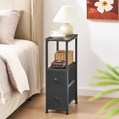 DALEMHOME End Table, Narrow Side Table with 2 Fabric Drawers, Slim Nightstand, Small Bedside Table with Storage, Living Room, Bedroom, Black HKET1200BK - color: Black, size: 7.9" W x 15.7" D, style: No Power