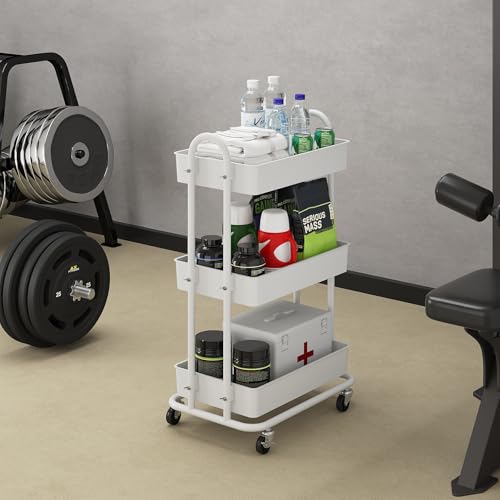 3-Tier Utility Cart with Wheels, Rolling Cart, Storage Shelves, Multi-Functional Organizer Cart for Bathroom, Office, Kitchen, White - size: No hanging baskets