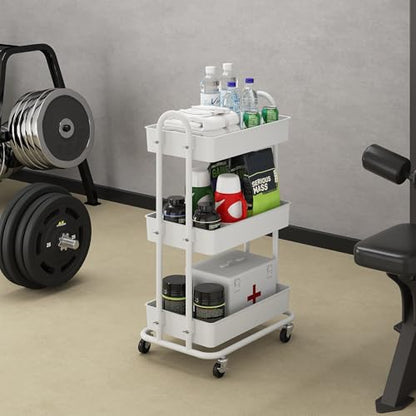 3-Tier Utility Cart with Wheels, Rolling Cart, Storage Shelves, Multi-Functional Organizer Cart for Bathroom, Office, Kitchen, White - size: No hanging baskets