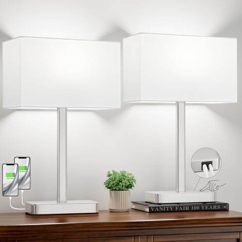 Hong-in Touch Lamps for Bedroom - 3-Way Dimmable Bedside Lamps Set of 2 with USB C+A, White Modern Table Lamp for Night Stands, Desk Lamp for Living Room Nightstand End Tables Bed Side - color: C. White&Nickel
