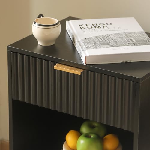 Fultyle Black Fluted Nightstand, Modern Bedside Table with Drawer and Open Storage, End Side Table Living Room with Solid Wood Legs for Bedroom (Black) - color: Black
