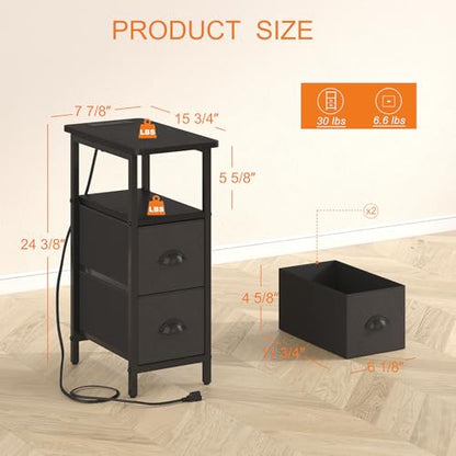 sthmec Narrow End Table with Charging Station, Narrow Side Table with 2 Fabric Drawers, Slim Nightstand, Skinny Bedside Table, Small Side Table for Small Spaces, Living Room, Bedroom, Black - color: Black, size: 7.87'' W x 15.75'' D x 24.37'' H, style: Po