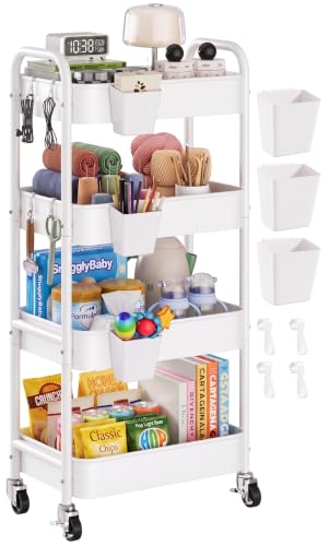 Heavy Duty 4 Tier Rolling Storage Cart Metal with Wheels, White Four Tiered Utility Roller Carts Organizer on Wheels for Art, Craft, Baby Diaper Caddy, Snack, Book, Large-Capacity Shelving Units, 37in - color: Light White, size: 4 Tier + Cups + Hooks