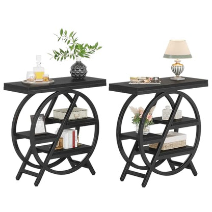 Tribesigns End Table Set of 2, 3-Tier Narrow Sofa Side Table with Storage for Living Room, Wood End Table with Geometric Metal Frame, Industrial Nightstand and Bedside Table for Bedroom, Black - color: Black