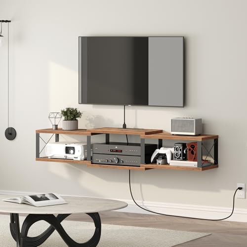 MAHANCRIS 43.7” Floating TV Stand with Power Outlet, Wall-Mounted Entertainment Center, Floating Metal Frame Media Console Shelf for Under TV Storage, for Living Room, Bedroom, Rustic Brown TVHR101E01 - color: Rustic Brown