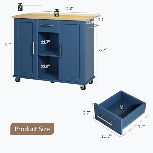 SUNLEI Rolling Kitchen Island Cart with Wheels, Island Table for Kitchen, Farmhouse Kitchen Cart with Drop Leaf & Towel Rack & Drawer, Kitchen Islands Table with Storage Cabinet, Blue - style: Blue